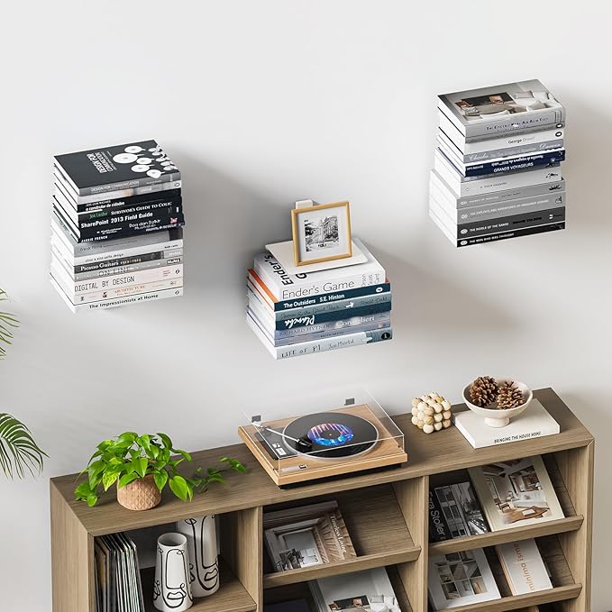 Floating Book Shelves for Wall, 6 Tier Invisible Floating Bookshelf, Vertical Spine Book Tower, Wall Mounted & Space Saving, Heavy Duty Metal Book Organizer for Home Office, 3 Pack White