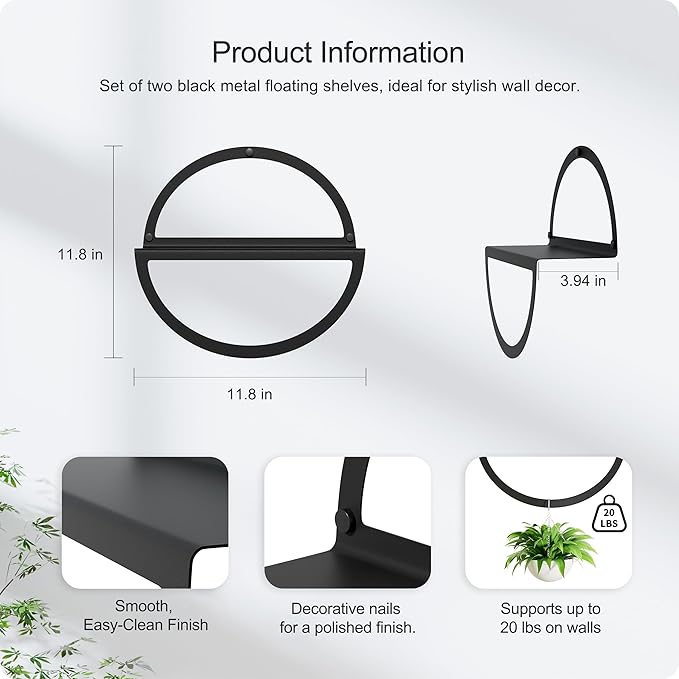 Round Floating Shelves for Wall, Modern Circular Mounted Corner Displays in Black Metal for Living Room, Bedroom & Bathroom – Unique Hanging Decor & Storage, Set of 2
