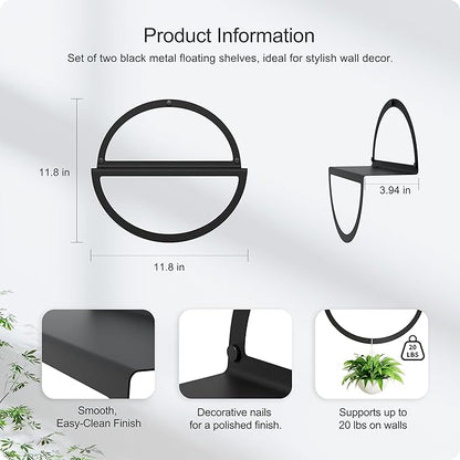 Round Floating Shelves for Wall, Modern Circular Mounted Corner Displays in Black Metal for Living Room, Bedroom & Bathroom – Unique Hanging Decor & Storage, Set of 2