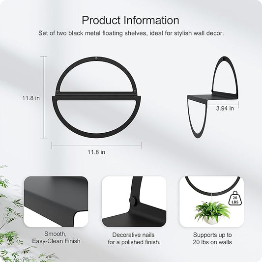 Round Floating Shelves for Wall, Modern Circular Mounted Corner Displays in Black Metal for Living Room, Bedroom & Bathroom – Unique Hanging Decor & Storage, Set of 2