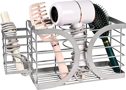 Elegant Light Gray Wall Mounted Hair Dryer Holder - Stylish Bathroom Organiser for Hair Dryer & Straightener, Hair Brush & Accessories