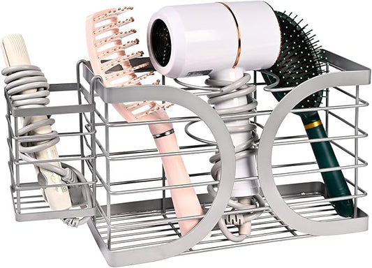 Elegant Light Gray Wall Mounted Hair Dryer Holder - Stylish Bathroom Organiser for Hair Dryer & Straightener, Hair Brush & Accessories