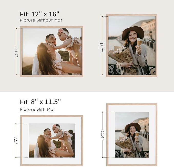 puthiac 12x16 Solid Oak Wood Picture Frame, Fits 8x12 with Mat or 12x16 Without Mat, Wall Display Only, Vertical or Horizontal, Plexi Front, 3 Pack, Natural Oak