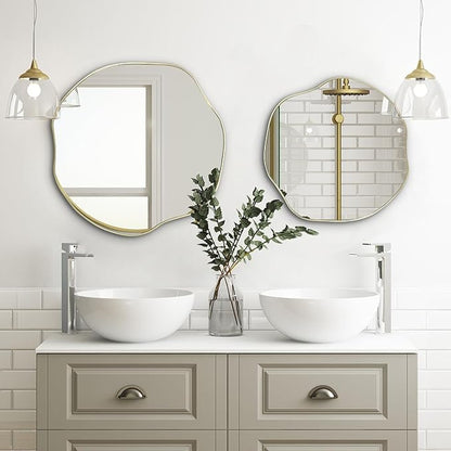 POZINO Asymmetrical Mirror, 25" Irregular Wall Mirrors, Gold Scalloped Rounded Mirror, Modern Frameless Abstract Mirrors for Bathroom Living Room Bedroom Entryway Fireplace