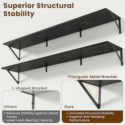 55" Long Wall Mounted Floating Shelves,8 inch Deep Floating Shelf with Metal Brackets Set of 2,Easy-to-Install Wall Decor Storage Ledges for Living Room,Bathroom,Bedroom,Kitchen,Office,Black
