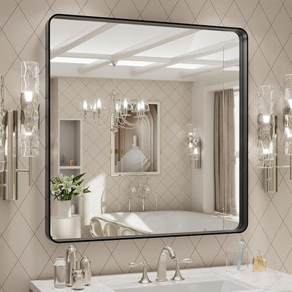 LOAAO 30x30 Inch Black Metal Framed Bathroom Mirror for Wall, Matte Black Bathroom Vanity Mirror Farmhouse, Large Rounded Rectangle Mirror, Anti-Rust, Hangs Horizontally or Vertically