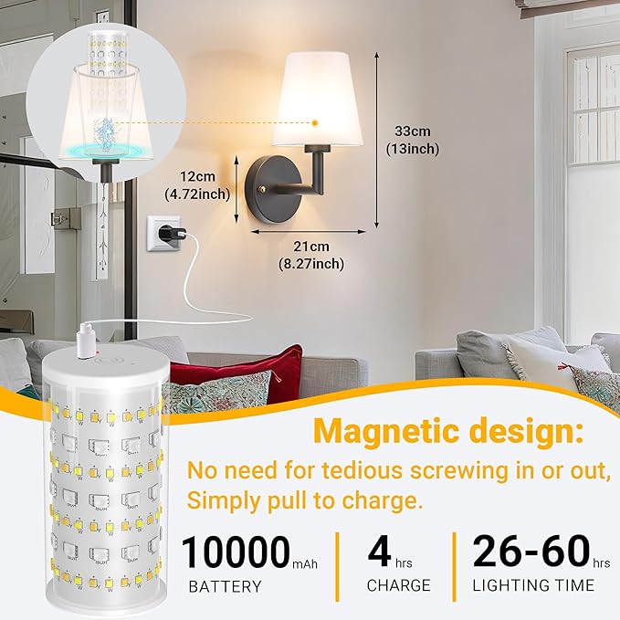 Peel and Stick Wall Sconces, Stick On Wall Sconce Set of 2, Battery Operated Wireless Wall Light, No Drill Adhesive Wall Lamp, Corn Bulb with 10000mAh Rechargeable Battery, Bedroom Wall Decor