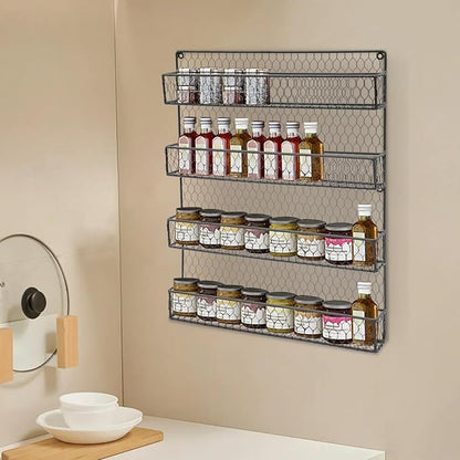 4-Tier Spice Rack Wall Mounted Kitchen Spices Organizer Space Saving Modern Hanging Organize Shelf for Spices, Herbs, and Condiments, Black