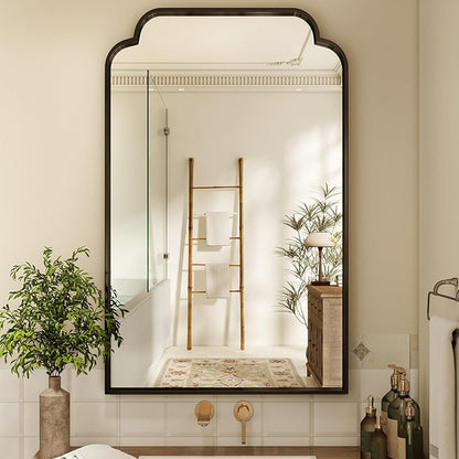 30X48 Inch Black Bathroom Mirror for Wall, Modern Rounded Corner Rectangle Mirror with Non-Rusting Iron Metal Framed Bathroom Vanity Mirror for Over Sink Wall Decor