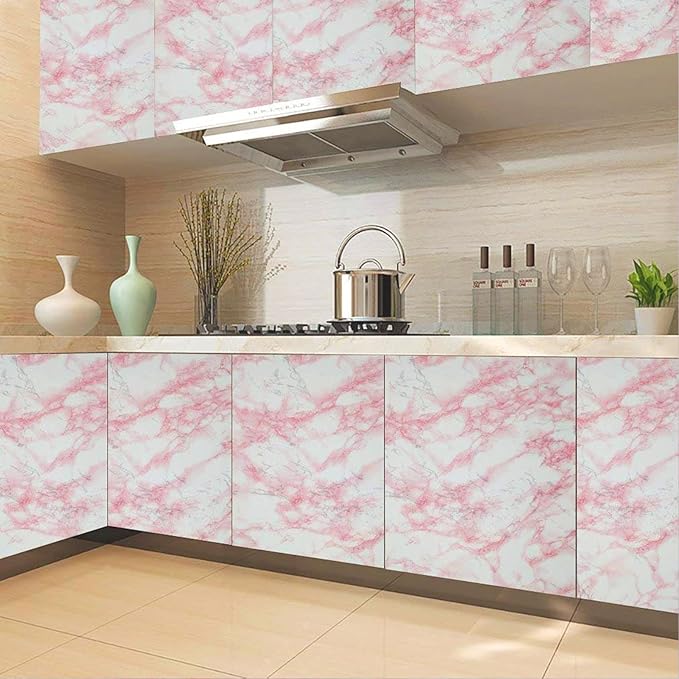 practicalWs 15.7 in × 118 in White Pink Marble Stick Paper Peel and Stick Countertops Self-Adhesive Vinyl Watertight Wallpaper Great As Cabinets Drawer Shelf Wall Crafts Wall Paper Decorations