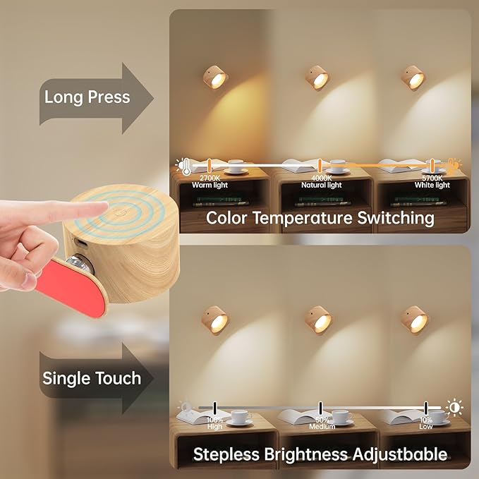 Koopala 3PACK Rechargeable LED Wall Sconce, Cordless Battery with Remote Powered Wall Sconce, 3 Brightness Levels, 360° Swivel Magnetic Shade for Reading Bedside, Wood Grain Color.