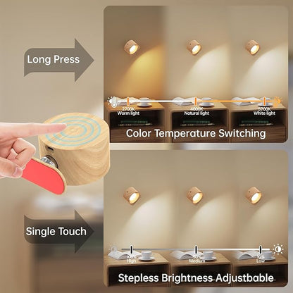3Pack Battery Operated Wall Sconce, 3 Color Modes 3 Brightness Levels 360°Rotation Lighting Timer Touch & Remote Control, Wall Mounted Lamp LED Wall Lights for Bedroom Reading Bedside (Wood)