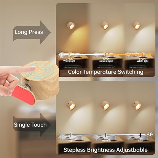 3Pack Battery Operated Wall Sconce, 3 Color Modes 3 Brightness Levels 360°Rotation Lighting Timer Touch & Remote Control, Wall Mounted Lamp LED Wall Lights for Bedroom Reading Bedside (Wood)