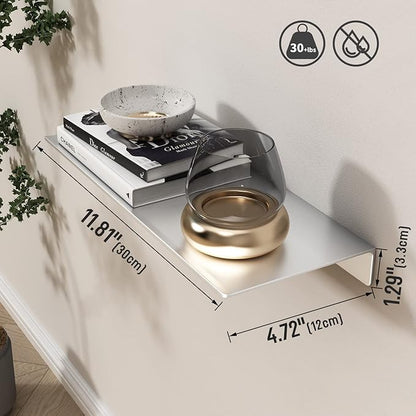 Danpoo Adhesive Floating Shelf for Wall Storage, Metal Wall Shelf for Bedroom/Living Room/Kitchen/Bathroom, Display Shelf for Collectibles(Silver, 12")