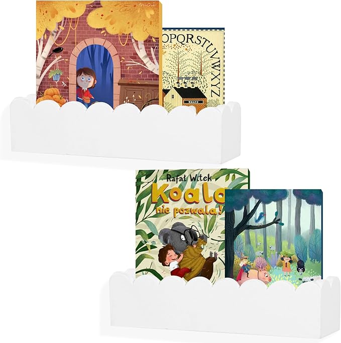 Wood Floating Shelves for Wall,Nursery Bookshelf,Kids Book Shelf,Baby Toys Storage Decor Organizer Wall Mounted for Living Room Bedroom,Wavy Edge,Preassembled,2 Pack,Scalloped Pine(White)