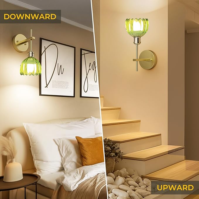 Battery Operated Wall Sconce with Green Tulip-Shaped Lampshades, Wireless Rechargeable Sconces Wall Decor Set of 2 with Remote Control, 12 RGB Colors & 3 CCT Settings (Green)