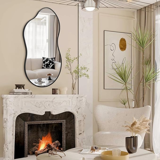 JJUUYOU Irregular Wall Mirror Black Metal Framed Decorative Asymmetrical Bathroom Mirrors Large 22