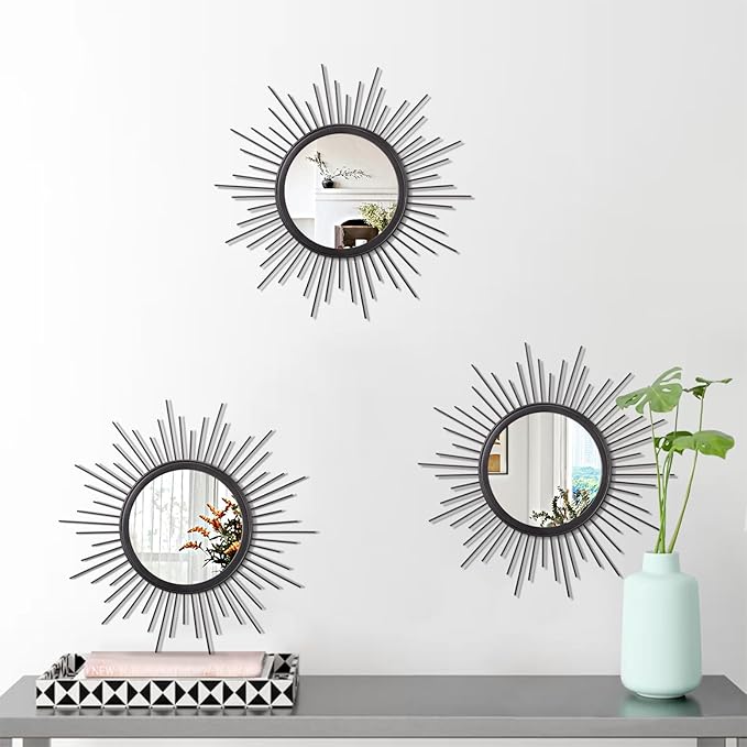 3 Pack Black Metal Wall Mirrors Sunburst Wall Mirrors Home Décor Art Decorative Modern Bohemian Hanging Wall Art for Bedroom Bathroom Living Room Entryway Small 12''