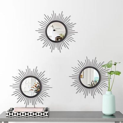 3 Pack Black Metal Wall Mirrors Sunburst Wall Mirrors Home Décor Art Decorative Modern Bohemian Hanging Wall Art for Bedroom Bathroom Living Room Entryway Small 12''