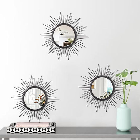 3 Pack Black Metal Wall Mirrors Sunburst Wall Mirrors Home Décor Art Decorative Modern Bohemian Hanging Wall Art for Bedroom Bathroom Living Room Entryway Small 12''