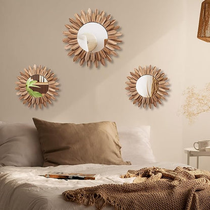 3 Pcs Boho Wall Decor Round Sunburst Mirror Boho Circle Mirror with Rustic Wood Frame Decorative Hanging Wall Art for Farmhouse Home Decor,17 Inch and 12 Inch(Wood Color)