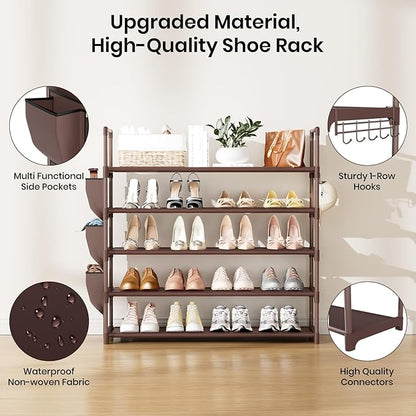 Shoe Rack for Closet Shoe Organizer Space Saver Storage for 20-25 Pair Shoe Shelf with Hook and Side Pocket Free Standing 5 Tier Shoe Rack Organizer for Entryway,Small Spaces, Brown