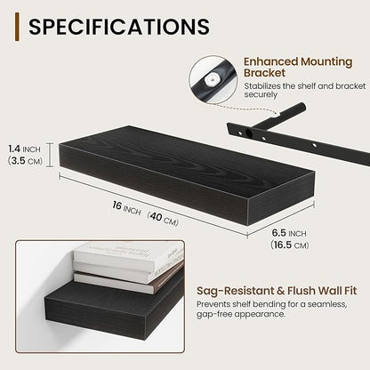 16 Inch Floating Shelves for Wall 2 Pack, 16" Wall Shelves for Books, Storage, Decor, Wall Mounted Floating Shelf with Invisible Brackets for Kitchen, Living Room, Black