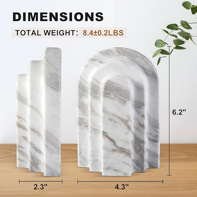 Natural Marble Book Ends - Heavy Duty Bookends for Shelves - Aesthetic Layered Arch Design Stone Book Holders, Modern Office Bookshelf Stopper Decor for Books/CDs (Volakas)