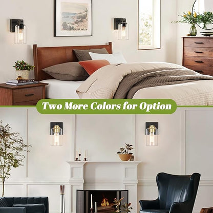 Set of 2 Wall Sconces for Bathroom, Modern Vanity Light Fixtures, Black and Gold Wall Mount Lighting Lanterns, Farmhouse Wall Lights with Clear Glass Shade for Bedroom Living Room Mirror Hallway
