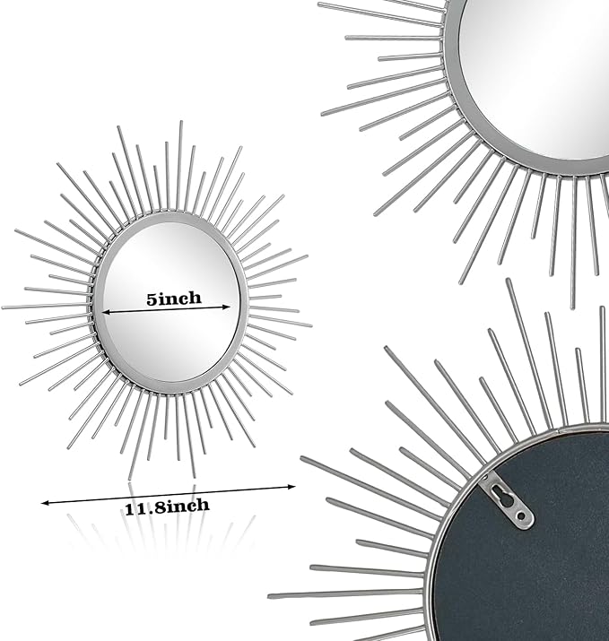 Cityelf 3 Set Sunburst Mirrors for Wall Decorative Metal Mirrors Small Mirror Sets Decor Hanging Mirror Wall Sculpture for Bedroom Living Room Entryway