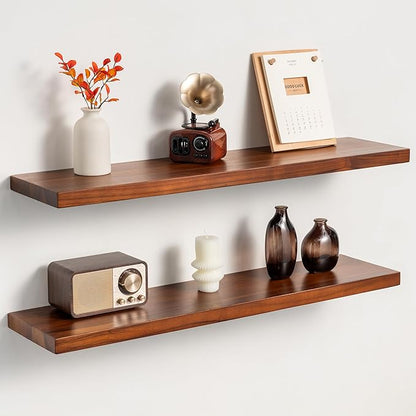 Teak Floating Shelves Set of 2-32 Inch Natural Waterproof Wood Wall Shelves with Invisible Brackets for Bathroom, Kitchen, Balcony - Solid Teak Wood Shelving, Water-Resistant Wall Decor