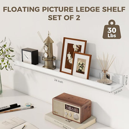 Axeman Picture Ledge Shelf | 24 Inch Floating Shelves Set of 2 | White Wall Shelves with Lip | White Picture Shelf for Wall with Ledge | Photo Ledges 24 Inch