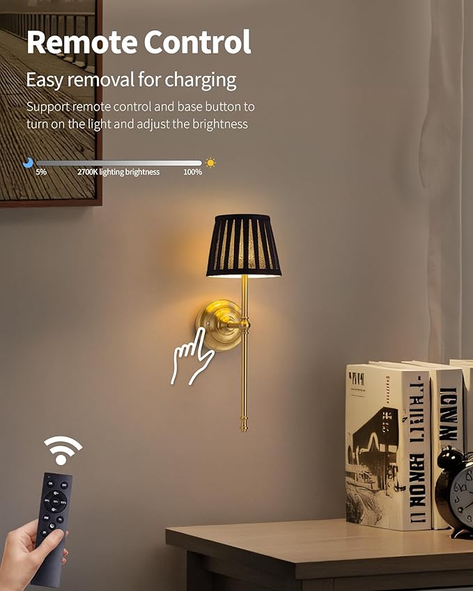 KDG Cordless Wall Sconces Set of 2, Small Wireless 5200mAh Rechargeable Battery Fabric LED Wall Lamps, Portables Lightings for Wall Painting, Living Room, Bedroom, Hallway, Gifts, Night Light (Black)