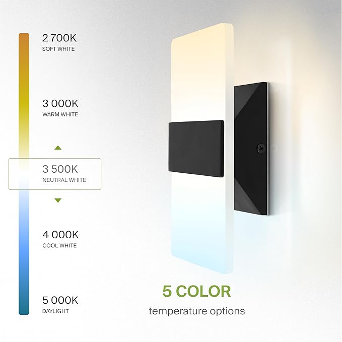 ASD LED Indoor Wall Mount Light Fixture - 8 Inch 10W Modern Interior Matte Black Dimmable Wall Sconce Light - ETL 2700K-5000K Adjustable - Hallway, Bedroom LED Wall Lights, Pack of 2
