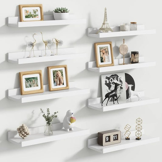 Floating Picture Ledge Shelves Set of 8, 16 Inch Solid Wood Wall Shelves with Lip, Large Nursery Book Shelf for Toys Storage, Kids Bookshelf, Living Room, Bedroom Decor Frames