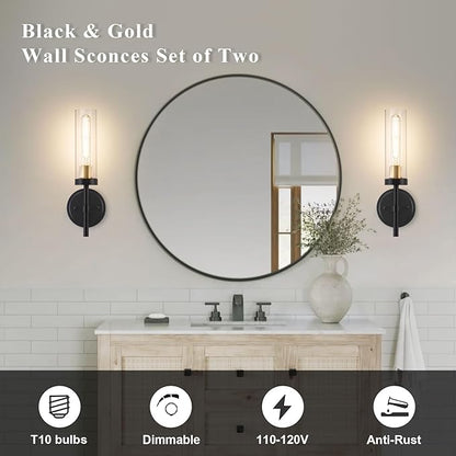 Black and Gold Hardwired Wall Sconces Set of 2, Modern Bathroom Vanity Sconces Wall Lighting with Clear Glass Shade, Farmhouse Wall Mount Lights for Mirror Bedroom Living Room Hallway Kitchen