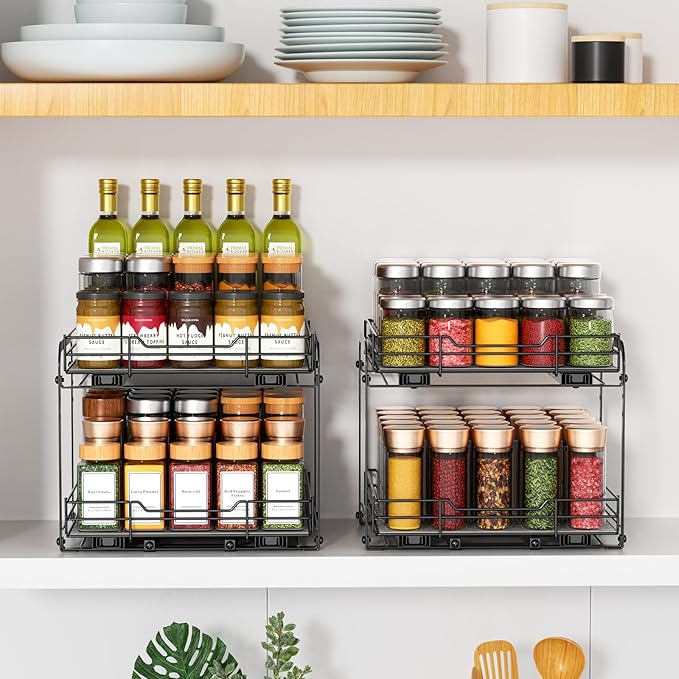 RCHYFEED Spice Organization for Cabinet,2 Tier Pull out Spice Rack Organizer for Inside Cabinets & Pantry, Slide out Heavy Duty Spice Shelf Rack for Kitchen Seasoning (11.5