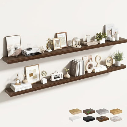 72 Inch Floating Shelves for Wall 2 Pack, 72" Wall Shelves for Books, Storage, Decor, Wall Mounted Floating Shelf with Invisible Brackets for Kitchen, Living Room, Walnut