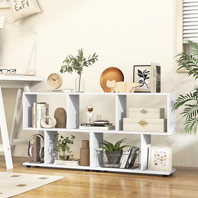 Tangkula 2 Tier Geometric Bookshelf, Freestanding Wood Display Shelf, Home Office Room Divider S Shaped Open Bookcase, Small Bookshelf for Small Spaces, Living Room, Study (White, 2)