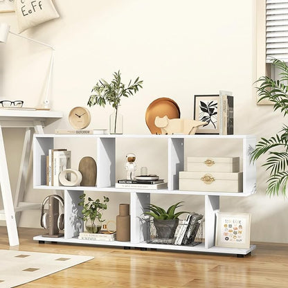 Tangkula 2 Tier Geometric Bookshelf, Freestanding Wood Display Shelf, Home Office Room Divider S Shaped Open Bookcase, Small Bookshelf for Small Spaces, Living Room, Study (White, 2)