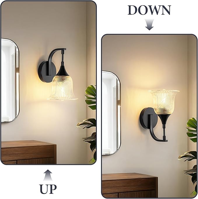 1-Light Black Wall Light,Bathroom Wall Sconce Modern Sconce Light Indoor with Textured Glass Shade,Hardwired Wall Sconce for Living Room Hallway Bedroom Kitchen(E26
