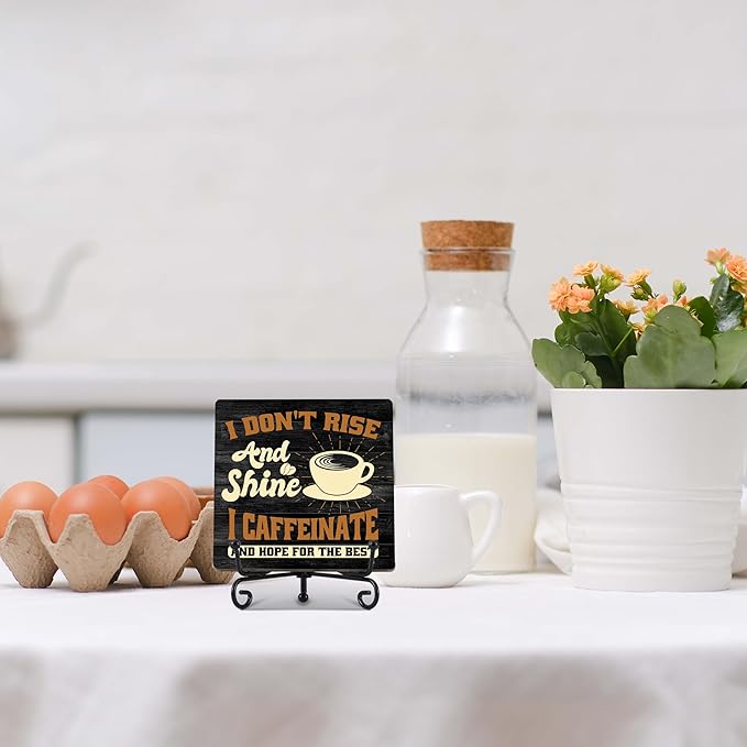 Coffee Bar Decor, Farmhouse Kitchen Table Decor, Coffee Station Accessories, Wooden Decorative Sign with Iron Stand for Table Desk Shelf Display-E14