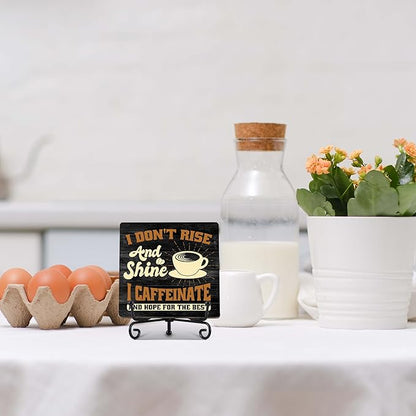 Coffee Bar Decor, Farmhouse Kitchen Table Decor, Coffee Station Accessories, Wooden Decorative Sign with Iron Stand for Table Desk Shelf Display-E14