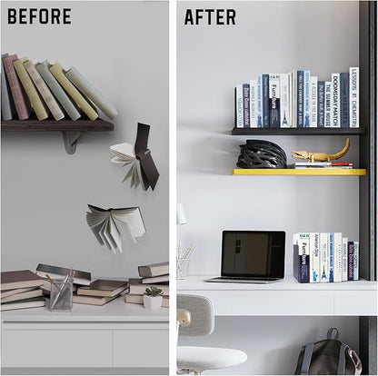 VONDERSO Metal Bookends Black, 2 Pairs Decorative Metal Book End Supports for Shelves Gauge Book Divider Stopper Holders with Non-Slip Anti-Scratch Rubber Pads