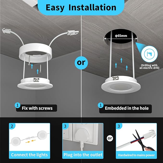 WOBANE Hardwired Under Cabinet Lights,Linkable LED Puck Lights with Switch,DIY Under Counter Lighting for Kitchen,Showcase,Bookcase,Recessed&Wall Plug in,White 6000K,120V,Set of 3