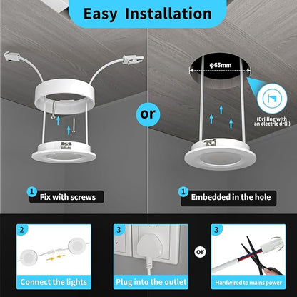WOBANE Hardwired Under Cabinet Lights,Linkable LED Puck Lights with Switch,DIY Under Counter Lighting for Kitchen,Showcase,Bookcase,Recessed&Wall Plug in,White 6000K,120V,Set of 3