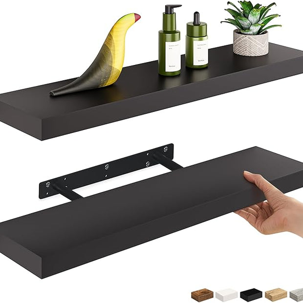 Ballucci Floating Shelves, 24" Wood Wall Shelf Set of 2, with Invisible Brackets for Bathroom, Living Room, Bedroom, Kitchen, Nursery, 6" Deep, Black