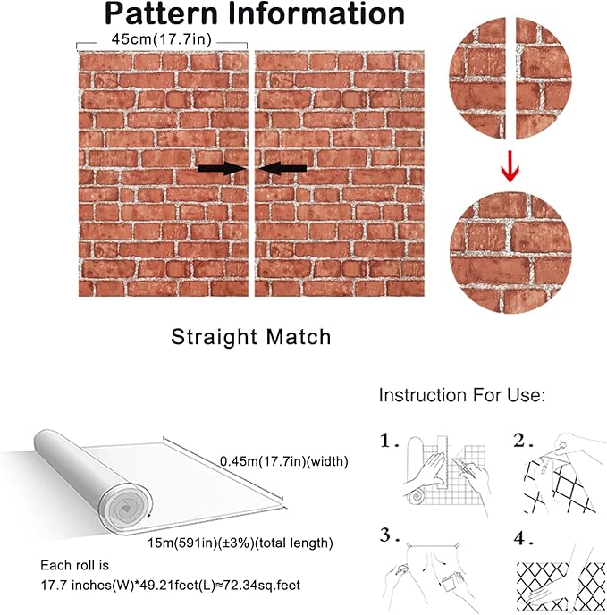 Cohoo Home Red Brick Wallpaper Peel and Stick Contact Paper 18inW 591inL Faux 3D Brick Contact Paper Self Adhesive Removable Wallpaper Backsplash Wrapping Fireplace Wall Sticky Waterproof Vinyl