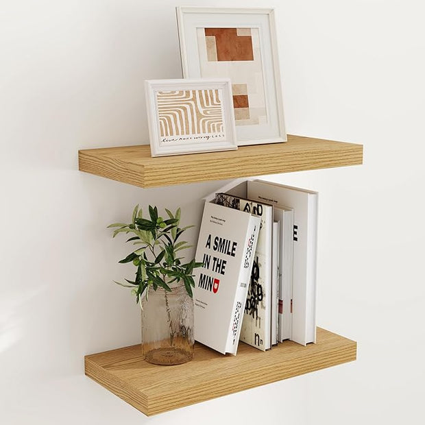 Fun Memories 16 Inch Long Floating Shelves, 9.3 Inch Deep Floating Shelf for Wall, Living Room, Kitchen, Rustic Deep Wood Shelves for Bathroom, 2 Pack Storage Display Shelf for Books, Decor, Oak