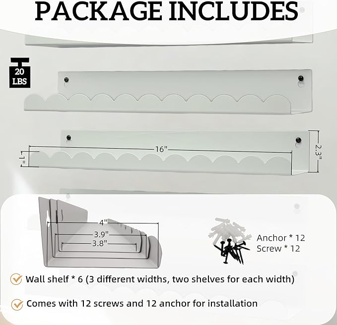 Nursery Book Shelves Set of 6, White Metal Floating Shelves for Wall, 16 Inch Scalloped Book Shelf for Kids Room, Bathroom, Bedroom, Playroom Wall Decor & Storage